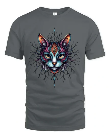 Mystic Cat Face Graphic T Shirt Colorful Tribal Art Style - gray t-shirt on white background