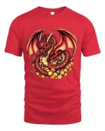 Red Dragon Treasure Graphic T Shirt Fantasy Gold Hoard Art - red t-shirt on white background
