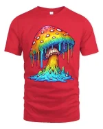 Colorful Dripping Mushroom Graphic T Shirt Psychedelic Art - red t-shirt on white background