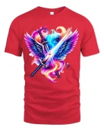Angel Wings Sword Graphic T Shirt Neon Fantasy Warrior Art - red t-shirt on white background
