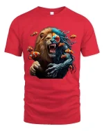 Lion Fish Hybrid Graphic T Shirt Wild Ocean Jungle Fusion Art - red t-shirt on white background