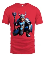 Viking Warrior Axe Graphic T Shirt Norse Mythology Battle Art - red t-shirt on white background