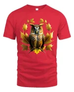 Owl Autumn Leaves Graphic T Shirt Elegant Nature Wildlife Art - red t-shirt on white background