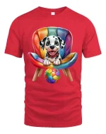 Cute Dalmatian Puppy Chair Graphic T Shirt Colorful Fun Style - red t-shirt on white background