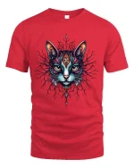 Mystic Cat Face Graphic T Shirt Colorful Tribal Art Style - red t-shirt on white background