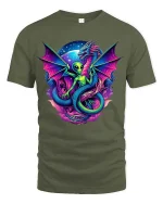 Alien Dragon Fusion Graphic T Shirt Cosmic Fantasy Art Style - military green t-shirt on white background