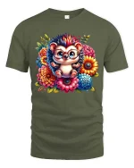 Cute Hedgehog Glasses Floral Graphic T Shirt Adorable Style - military green t-shirt on white background