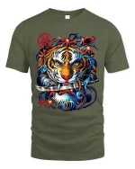 Samurai Tiger Graphic T Shirt Japanese Warrior Street Art Style - military green t-shirt on white background