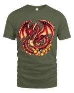 Red Dragon Treasure Graphic T Shirt Fantasy Gold Hoard Art - military green t-shirt on white background