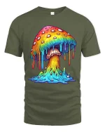 Colorful Dripping Mushroom Graphic T Shirt Psychedelic Art - military green t-shirt on white background