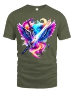 Angel Wings Sword Graphic T Shirt Neon Fantasy Warrior Art - military green t-shirt on white background