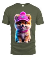 Cute Pomeranian Puppy Hat Graphic T Shirt Adorable Dog Style - military green t-shirt on white background