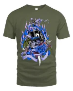 Skull Top Hat Rose Graphic T Shirt Dark Gothic Street Style Art - military green t-shirt on white background