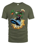 Crazy Alien Basketball Graphic T Shirt Funny Street Dunk Art - military green t-shirt on white background