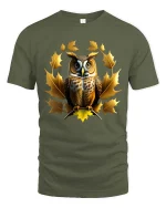 Owl Autumn Leaves Graphic T Shirt Elegant Nature Wildlife Art - military green t-shirt on white background