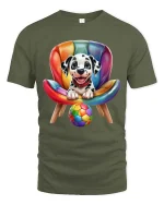Cute Dalmatian Puppy Chair Graphic T Shirt Colorful Fun Style - military green t-shirt on white background