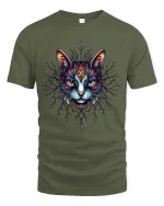 Mystic Cat Face Graphic T Shirt Colorful Tribal Art Style - military green t-shirt on white background