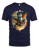 Magical Owl Flame Circle Tshirt Artistic Fantasy Bird Design - navy t-shirt on white background