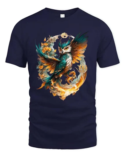 Magical Owl Flame Circle Tshirt Artistic Fantasy Bird Design - navy t-shirt on white background