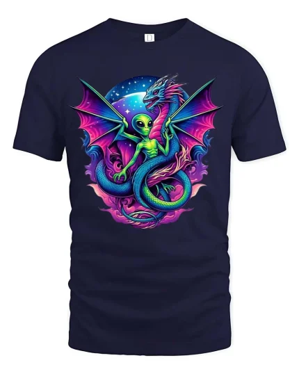 Alien Dragon Fusion Graphic T Shirt Cosmic Fantasy Art Style - navy t-shirt on white background