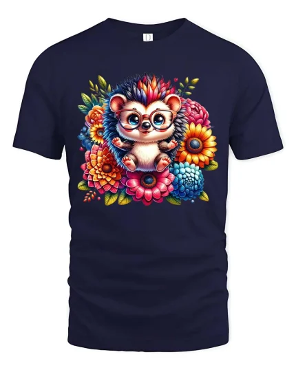 Cute Hedgehog Glasses Floral Graphic T Shirt Adorable Style - navy t-shirt on white background