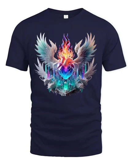 Angel Wings Heart Flame Graphic T Shirt Fantasy Sacred Art - navy t-shirt on white background