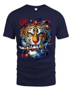 Samurai Tiger Graphic T Shirt Japanese Warrior Street Art Style - navy t-shirt on white background