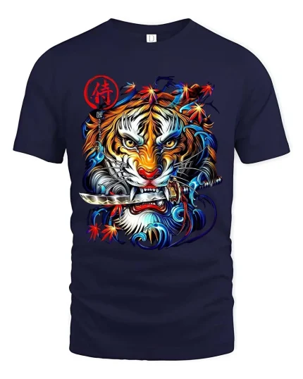 Samurai Tiger Graphic T Shirt Japanese Warrior Street Art Style - navy t-shirt on white background