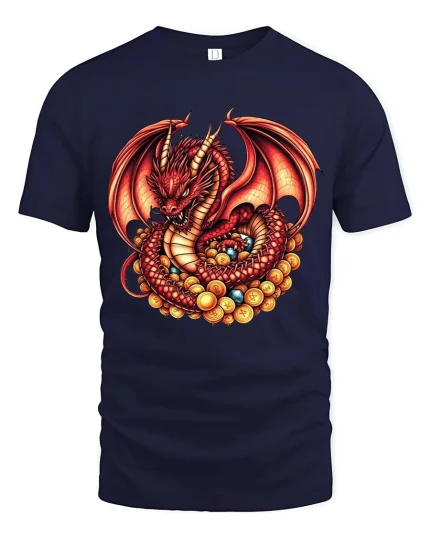 Red Dragon Treasure Graphic T Shirt Fantasy Gold Hoard Art - navy t-shirt on white background