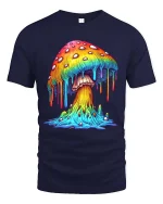 Colorful Dripping Mushroom Graphic T Shirt Psychedelic Art - navy t-shirt on white background