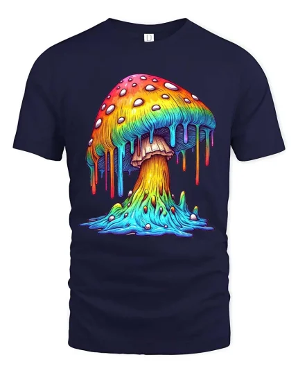 Colorful Dripping Mushroom Graphic T Shirt Psychedelic Art - navy t-shirt on white background