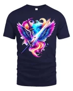 Angel Wings Sword Graphic T Shirt Neon Fantasy Warrior Art - navy t-shirt on white background