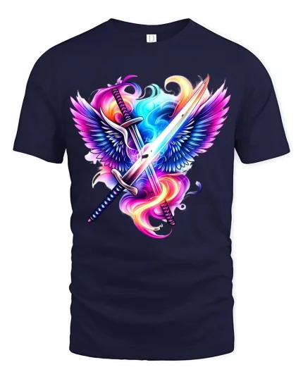Angel Wings Sword Graphic T Shirt Neon Fantasy Warrior Art - navy t-shirt on white background