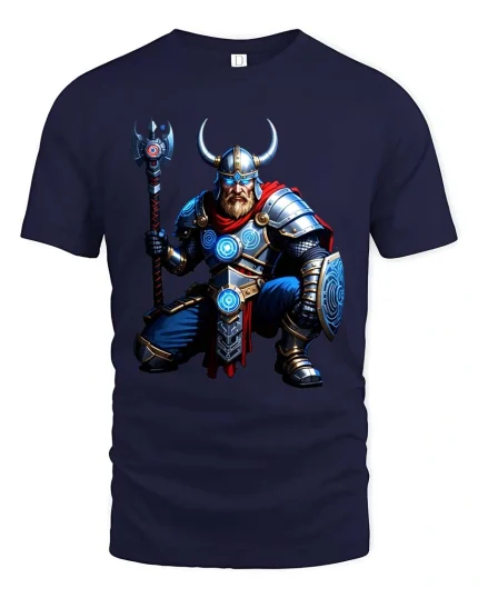 Viking Warrior Axe Graphic T Shirt Norse Mythology Battle Art - navy t-shirt on white background