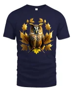Owl Autumn Leaves Graphic T Shirt Elegant Nature Wildlife Art - navy t-shirt on white background