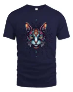 Mystic Cat Face Graphic T Shirt Colorful Tribal Art Style - navy t-shirt on white background