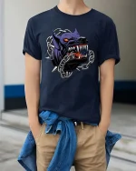 Savage Pitbull Chain Graphic T Shirt Fierce Streetwear Style - model wearing navy tee with hands in pockets