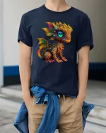Cute Fantasy Dragon Graphic T Shirt Colorful Magical Creature - model wearing navy tee with hands in pockets