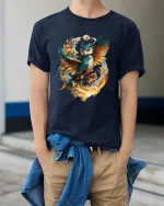 Magical Owl Flame Circle Tshirt Artistic Fantasy Bird Design - model wearing navy tee with hands in pockets