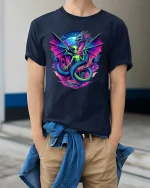 Alien Dragon Fusion Graphic T Shirt Cosmic Fantasy Art Style - model wearing navy tee with hands in pockets