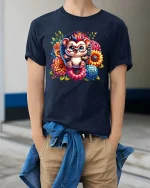 Cute Hedgehog Glasses Floral Graphic T Shirt Adorable Style - model wearing navy tee with hands in pockets
