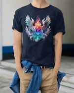 Angel Wings Heart Flame Graphic T Shirt Fantasy Sacred Art - model wearing navy tee with hands in pockets