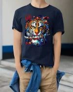 Samurai Tiger Graphic T Shirt Japanese Warrior Street Art Style - model wearing navy tee with hands in pockets