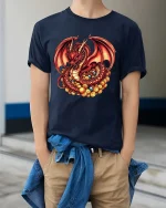 Red Dragon Treasure Graphic T Shirt Fantasy Gold Hoard Art - model wearing navy tee with hands in pockets