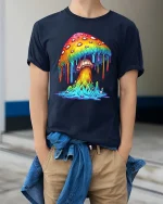 Colorful Dripping Mushroom Graphic T Shirt Psychedelic Art - model wearing navy tee with hands in pockets