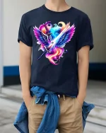 Angel Wings Sword Graphic T Shirt Neon Fantasy Warrior Art - model wearing navy tee with hands in pockets