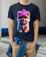 Cute Pomeranian Puppy Hat Graphic T Shirt Adorable Dog Style - model wearing navy tee with hands in pockets