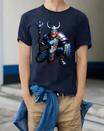 Viking Warrior Axe Graphic T Shirt Norse Mythology Battle Art - model wearing navy tee with hands in pockets