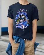 Skull Top Hat Rose Graphic T Shirt Dark Gothic Street Style Art - model wearing navy tee with hands in pockets