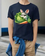 Cute Bunny Carrot Graphic T Shirt Funny Garden Animal Style - model wearing navy tee with hands in pockets